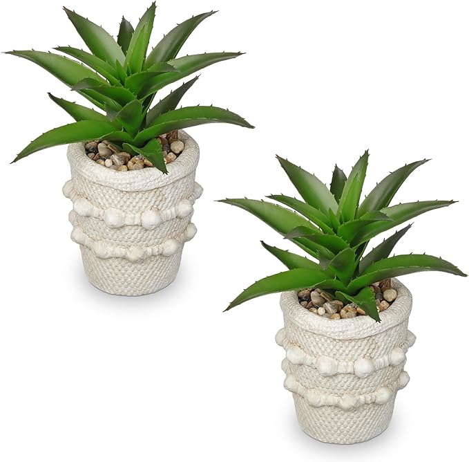 Hollyone 2 Pack Small Artificial Succulents Agave Plants Potted Fake Spiked Succulent Plant in Rustic Pot Mini Faux Plant Agave Aloe Plant Indoor for Office Desk Farmhouse Home Table Shelf Boho Decor