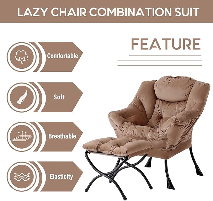 LITA Velvet Dark Brown Contemporary Accent Leisure Upholstered Sofa Chair with Ottoman, Modern Lounge Reading Chair for Living Room, Bedroom & Small Space