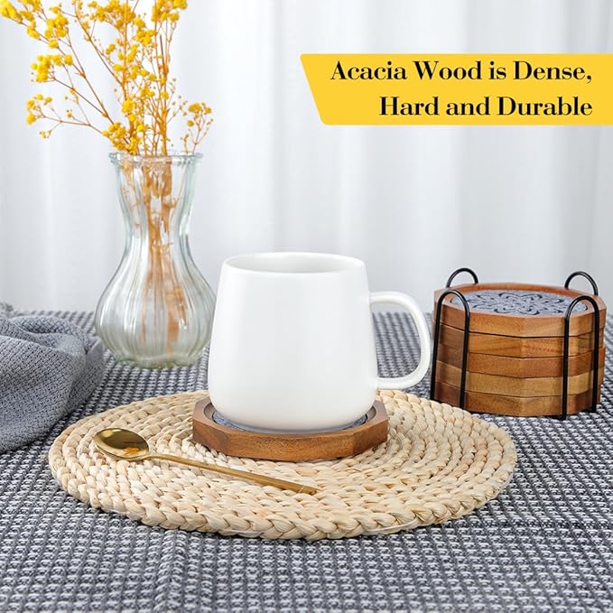 Wood Coasters for Drinks Absorbent with Lip, 4.3 Inch Acacia Wood Grey Felt Coaster with Holder for Wooden Coffee Table for Cups, Mugs, and Glasses - Set of 6