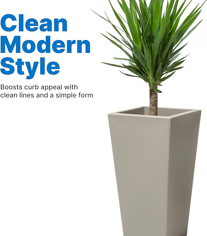 Step2 Tremont Tall Square Planter Pot, Large Outside All-Season All-Weather Gardening Pot for Patio and Front Porch, Concrete, 2-Pack