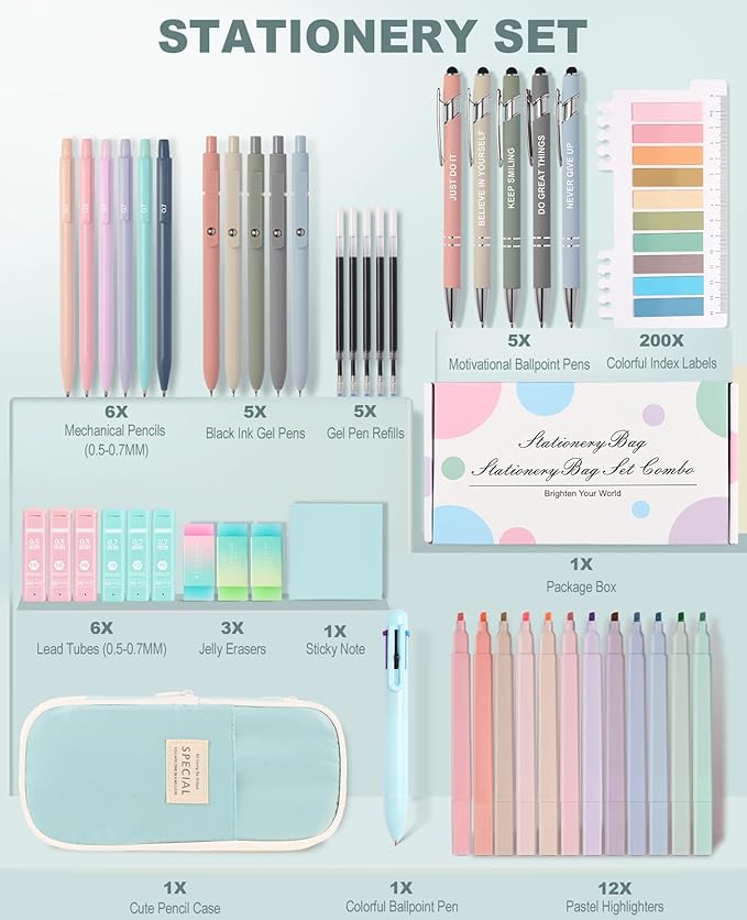 56 PCS Aesthetic School Supplies Cute Stationary Set with Large Pencil Case, Inspirational Ballpoint Pens, Highlighters, Black Ink Gel Pens,Mechanical Pencils 0.5-0.7mm, Student Essentials (Blue)