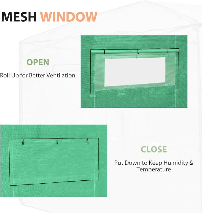 EAGLE PEAK Replacement Cover for 10x10 Portable Walk-in Pop up Greenhouse, Front Roll-Up Zipper Entry Door and 2 Large Roll-Up Side Windows (Frame Not Included), Green