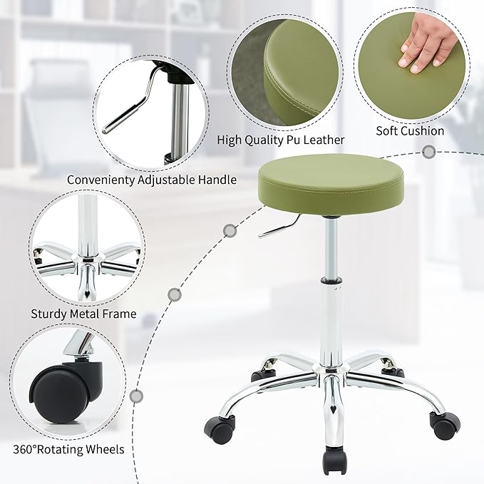 Office Drafting Chair, Adjustable Drafting Stool on Wheels 19.5"-26.6", Green Salon Rolling Chair (Green)