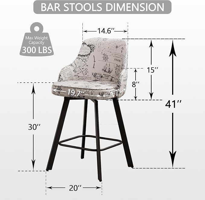Bar Stools Set of 4, 30" Swivel Bar Height Barstools with High Back, Linen Kitchen Barstool Bar Height for Kitchen Island (Beige (Nautical Print), 4PCS 30" Bar Stools)