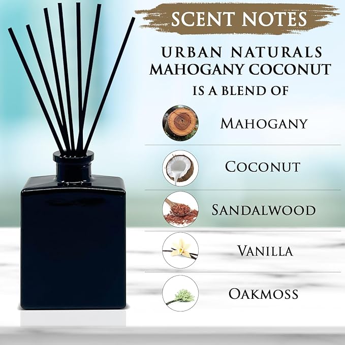 Urban Naturals Mahogany Coconut Reed Diffuser Oil Set – Mahogany, Coconut, Sandalwood, Vanilla & Oakmoss – 5 Ounce Sleek Black Rectangular Refillable Glass Bottle – Made in The USA