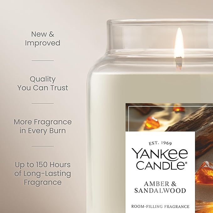 Yankee Candle Large Jar Scented Candle with up to 150 Hour Burn Time, Premium Plant Wax Blend for Consistent Burn, 22 oz Jar Candle with Room Filling Fragrance, Amber & Sandalwood