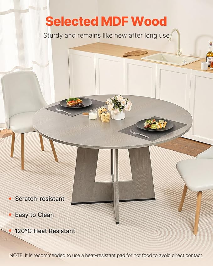 VEVOR Round Dining Table, 47 inch Wood Table for 4-6 Person, Farmhouse Circle Dinner Furniture, Rustic Leisure Tables with Thick Wooden Legs, for Home Kitchen Living Room, Grey (Only Table)