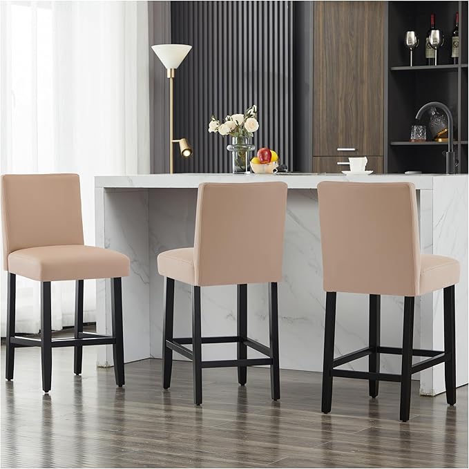26'' Faux Leather Bar Stools Set of 3, Modern Upholstered Bar Chairs with Back, Soild Wood Legs Barstools for Kitchen Island, Light Brown
