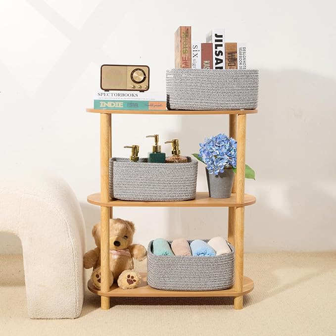 Small Storage Baskets for Organizing | Closet Organizer Bins | Shelf Toy Basket | Woven Rope Baskets | Cube Decorative Box | Shallow Basket | 13x8.5x5.1” | 3 Packs Mixed Grey