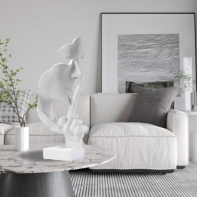 aboxoo Silence is Gold Thinker Statue, Modern and Simple Resin Things, Creative Abstract Figurine Sculptures for Entrance, Creative Room Home, Office Study, Piano Decor (Large White)