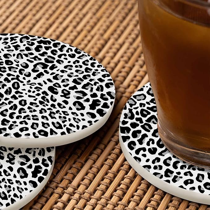 Leopard Pattern in Black and White Tones Round Coaster for Home Coffee Table Fashion Animal Decor Farmhouse Drink Coasters 100% Diatomite 4''X 4''X 0.35'' Printed Pattern