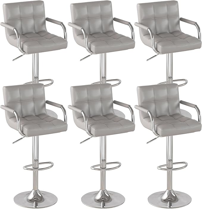 Modern PU Leather Bar Stools Set of 6, Adjustable Swivel Square Bar Chairs, Counter Height Barstools with Arms and Large Base for Island/Kitchen(Gray)