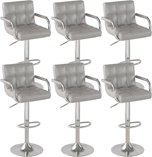 Modern PU Leather Bar Stools Set of 6, Adjustable Swivel Square Bar Chairs, Counter Height Barstools with Arms and Large Base for Island/Kitchen(Gray)