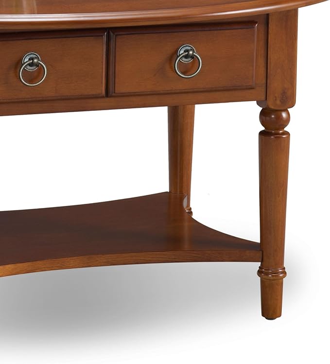 Coastal Solid Wood Oval Coffee Table with Shelf and Drawer, Rich Pecan Brown, Perfect for Living Rooms and Small Spaces – Leick Home, 20044-PC
