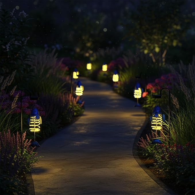 2 Pack Fish Solar Lights Outdoor Hanging Lantern with Handle, Solar Powered Butterflies Garden Decor for Outside Patio Yard Porch Pathway Butterfly Gifts for Women (Warm White LED Lights)