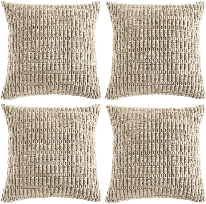 Fancy Homi 4 Packs Taupe Decorative Throw Pillow Covers 26x26 Inch for Living Room Couch Bed, Rustic Modern Farmhouse Boho Home Decor, Soft Plush Corduroy Cute Square Accent Cushion Case 60x60 cm