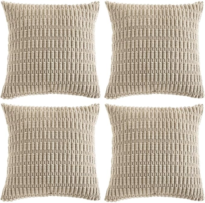 Fancy Homi 4 Packs Taupe Decorative Throw Pillow Covers 18x18 Inch for Living Room Couch Bed, Rustic Modern Farmhouse Boho Home Decor, Soft Plush Corduroy Cute Accent Square Cushion Case 45x45 cm