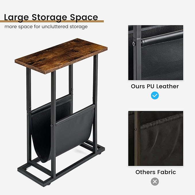 Narrow Side Table with PU Leather Magazine Holder Rustic Slim Little Thin Table for Living Room, Bedroom, Sofa, Rustic Brown