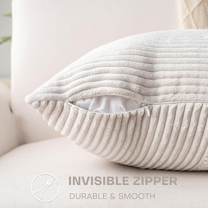 Decorative Throw Pillow Covers 20x20 Inch Set of 2 for Boho Living Room Farmhouse Home Decor, Spring Pillow Covers for Couch Bed, Soft Corduroy Striped Patchwork Cushion Cases, Cream White