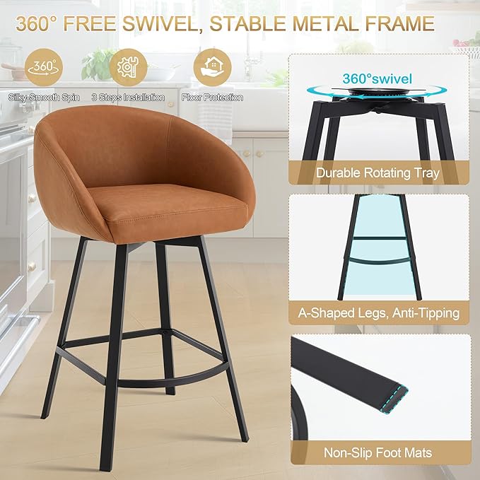 Zesthouse Swivel Counter Height Stools Set of 4, Modern Barrel Bar Stools for Kitchen Island, 26" Upholstered Kitchen Counter Height Barstools with Barrel Arms & Back, Brown Faux Leather Bar Chairs