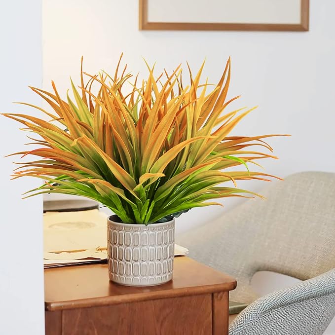 8Pcs Artificial Grass Plant Fake Outdoor Plastic Plants UV Resistant Faux Grasses Greenery Shrubs for Window Box Garden Patio Porch Home Decor Yellow