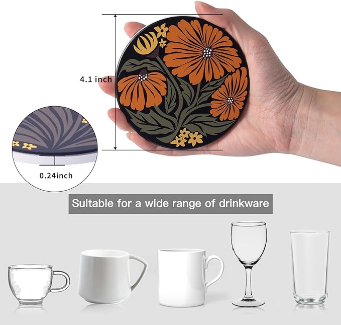 Coasters Absorbent Ceramic Coaster Drink Coasters with Cork Back Beautiful Artistic Flowers Set of 6 Round Coaster Non Slip for Coffee Table Wine Glass Home Bar 4 Inch, Colorful