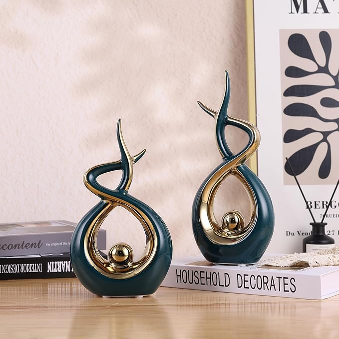 Gold Green Modern Sculpture Table Decorations, Ceramic Knick Knacks Statues for Living Room Decor, Tv Stand and Desk Decor, Suitable for Coffee Tables and Shelf Decorations, Great Gift Idea