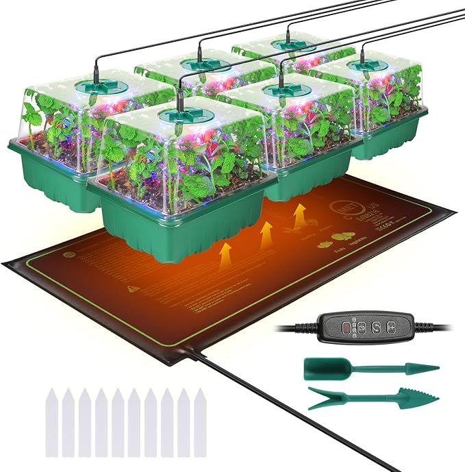 Seed Starter Trays with Grow Lights and Heat Mat, 72 Cells Seed Starter Kit with Lights, 3 Lighting Mode, 4 Timing Set, Germination Kit for Seed Starting Trays with High Humidity Control Domes