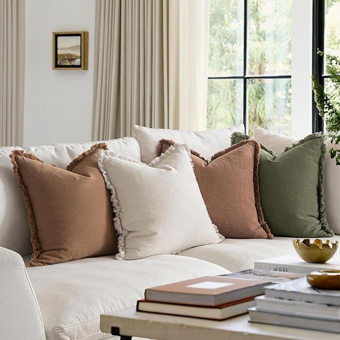 MIULEE Fall Decorative Couch Pillow Covers Neutral Linen Fringe Throw Pillows Set of 4 Soft Rustic Cushions Boho Farmhouse Pillowcases for Bed Sofa Living Room Home Decor 20x20 Inch Beige/Brown/Green
