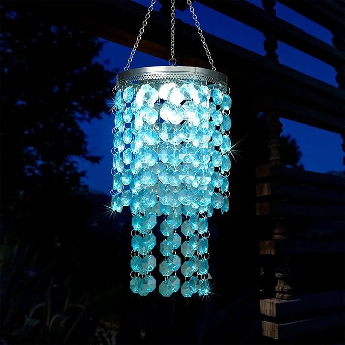 Hanging Solar Lantern Outdoor, 2 Tiers 21” Solar Blue Acrylic Beaded Chandelier with Cool White LED S Hooks for Garden Yard Patio Gazebo Outside Decor