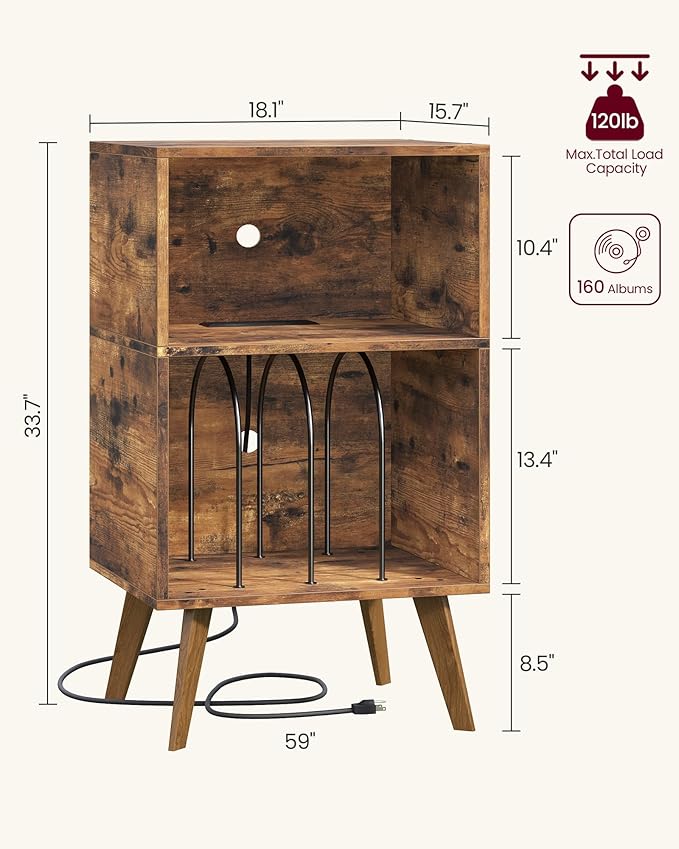 Record Player Stand, 3-Tier Side End Table with Charging Station, Turntable Stand Up to 160 Albums, Vinyl Storage Cabinet Dispaly Shelf for Living Room, Brown