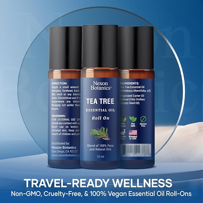 Tea Tree Oil Roll-On 10 ml - 100% Pure, Natural Essential Oil for Aromatherapy, Skin, Face & Body - Pre-Diluted for Travel - Nexon Botanics