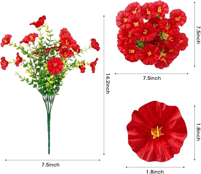 Ouddy Decor 24 Bundles Artificial Flowers for Outdoors Decoration Fake Silk Morning Glory Flowers Faux Eucalyptus Plants UV Resistant for Porch Patio Garden Spring Summer Home Decor, Red