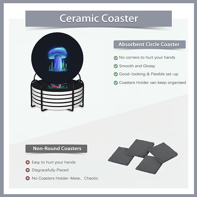 6 Pcs Coasters for Drinks with Holder,Magical Glowing Mushrooms Absorbent Coaster with Cork Backing,Great Gift for Housewarming,Room Decor,Bar,Holiday Party