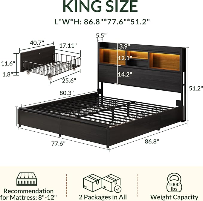LARMACE King Size Bed Frame with 6 Storage Drawers and Headboard Wooden Platform Bed Frame with LED Lights and Charging Station Easy Assembly/No Box Spring Needed/Black