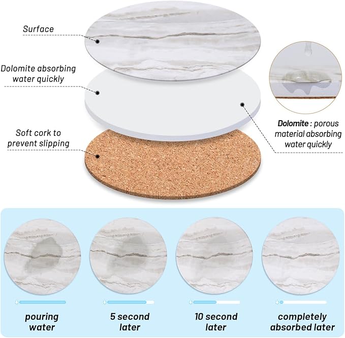 Acejoz Drink Coasters with Holder for Coffee Table, Absorbent Coaster Set of 6, Marble Style Ceramic Coaster for Wooden Table, Suitable for Kinds of Cups, Home Decor, 4 Inches
