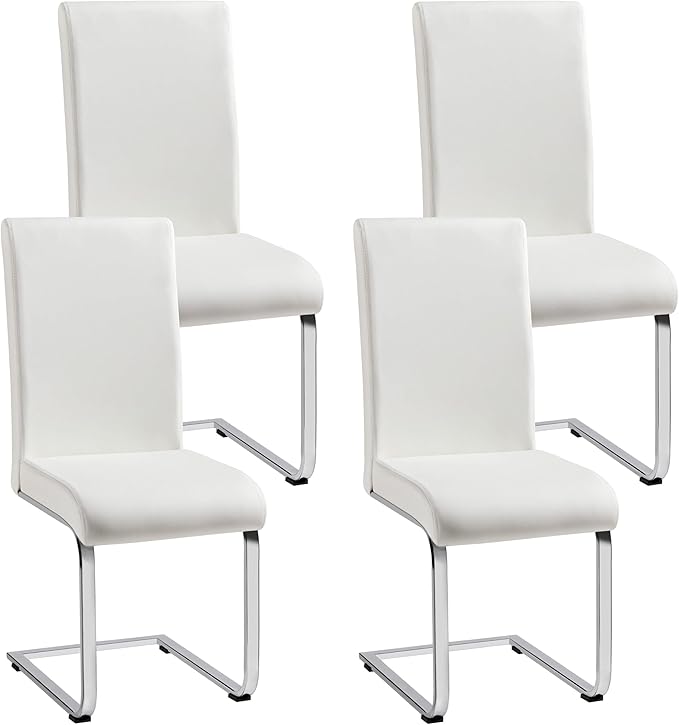 Yaheetech Dining Chairs Set of 4 Modern Faux Leather Upholstered Dining Room Chairs with High Back and Metal Chrome Legs for Kitchen/Living Room/Restaurant, White