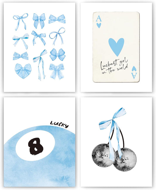 okaxscm Blue Coquette Trendy Preppy Wall Art Prints Set of 4, Coquette Room Decor, Preppy Room Decor Aesthetic, Blue Bow Disco 8 Ball Cherry Wall Decor Posters for Girls Bedroom Dorm, 8x10 Unframed