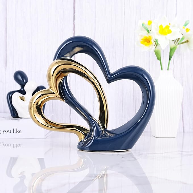 Ceramic Heart Decor Love Statue, Navy Blue Gold Double Hearts Sculptures for Home Table Centerpiece Decor, Valentine, Wedding, Decorative Items for Shelves, Coffee Table Decor (Double Heart)