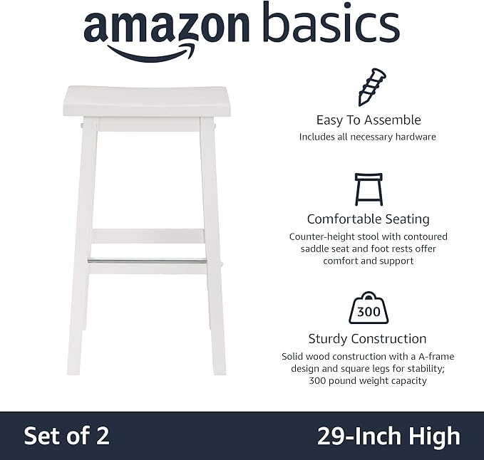 Amazon Basics Solid Wood Saddle-Seat Kitchen Counter Barstool with Footrest, Easy Assembly - 29-Inch Height - White - Set of 2