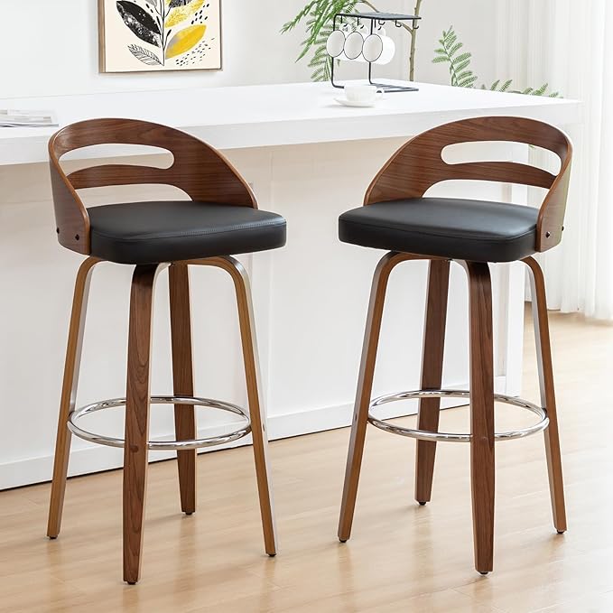Bar Stools Set of 2, Swivel Bar Stools with Walnut Craftsmanship, Bentwood Curved Back, Upholstered Faux Leather, Soft Cushion Seat, Mid Century BarStools for Bar/Pub/Cafe (Black, 30" Seat Height)