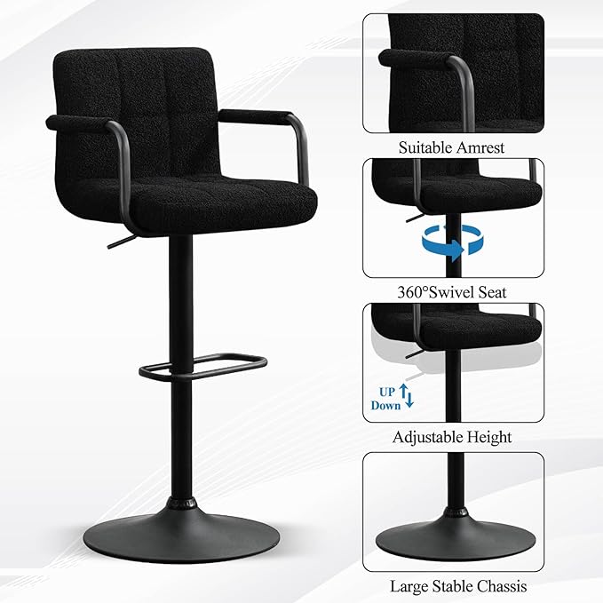 Furniliving Adjustable Bar Stools with Armrest, Square Back Sherpa Fabric Hydraulic Kitchen Counter Bar Stool, Luxurious Swivel Double Stitching Bar Chairs,Set of 2