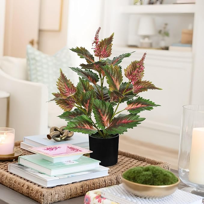 Artificial Plants Indoor with Pot 16.9" Faux Potted Perilla Plants Indoor Decorative Silk Greenery in Black Pot for Farmhouse Home Bathroom Living Room Office Table Shelf Decor