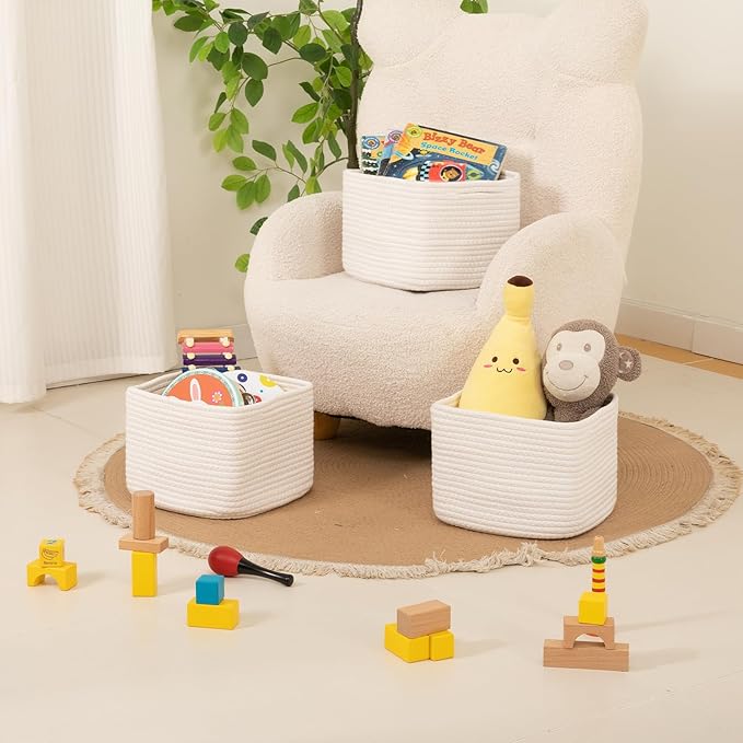 OIAHOMY 9”x9”x7” Storage Cubes, Cotton Rope Woven Baskets for Organizing, Cube Storage Bin, Small Gift Basket for Shelf, 3-Pack, White