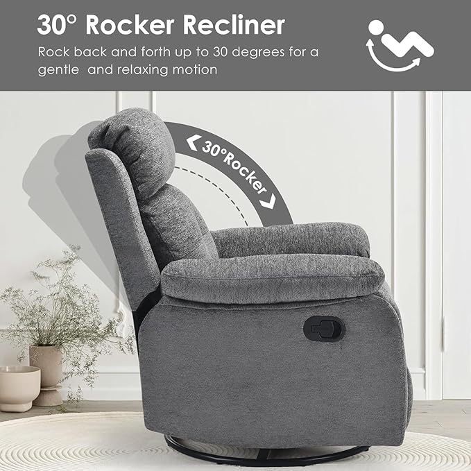 Swivel Rocker Recliner, 360 Swivel Small Recliners with 30 Degree, 90-150 Degree Angle, Lift Chair for Home Theater Seating, Adults, Living Room, Bedroom, Nursery, Limestone