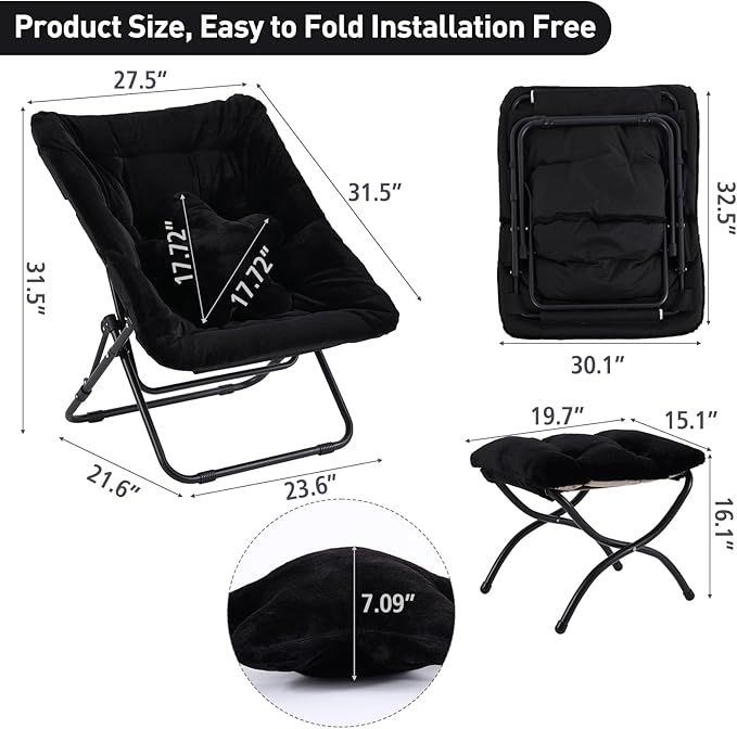 Welnow Comfy Saucer Chair with Ottoman, Oversized Folding Reading Chair for Adults with Throw Pillow Soft Faux Fur Lounge Chair for Bedroom Furry Accent Chair for Living Room, Dorm Rooms, Black