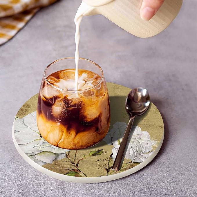 Vintage Roses Floral Coaster Old French Book Design Retro Romantic Flowers Bouquet Tabletop Protection for Any Table Type Wood, Granite, Glass, Soapstone, Sandstone, Marble, Stone Tables