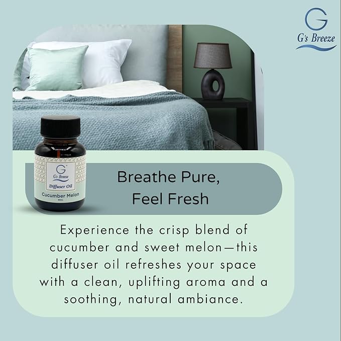 G's Breeze Cucumber Melon Diffuser Oil Refill - Refreshing, Sweet & Juicy Aroma, 48 Hour Long-Lasting Scent, Odor Eliminating Fragrance for Home & Office - 60 ML