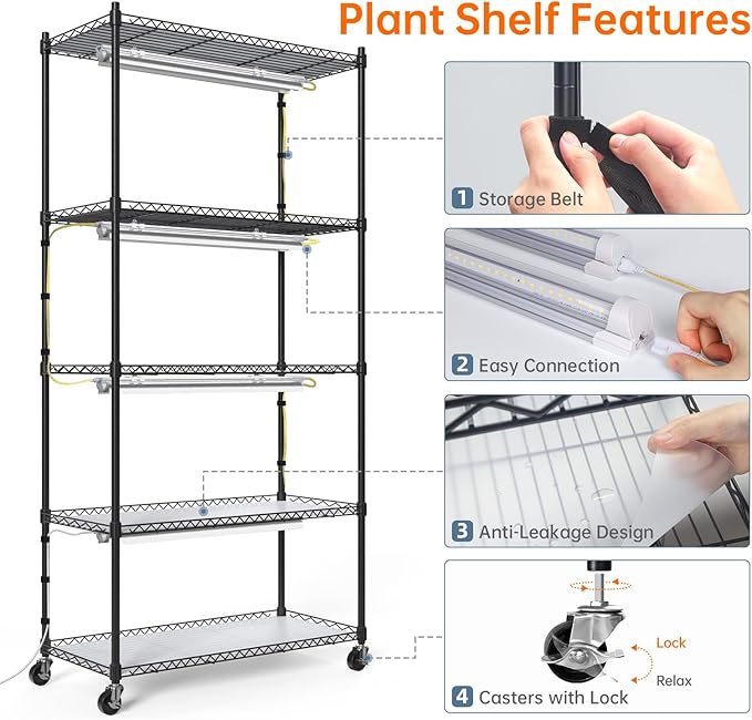 Bstrip Plant Shelf with Grow Lights, 5-Tier Plant Stand with T8 24W Grow Light for Indoor Plants with Wheel, 5000K Full Spectrum LED Plant Light with Timer for Seedling, Seed Starting, 29.5x13.8x59IN