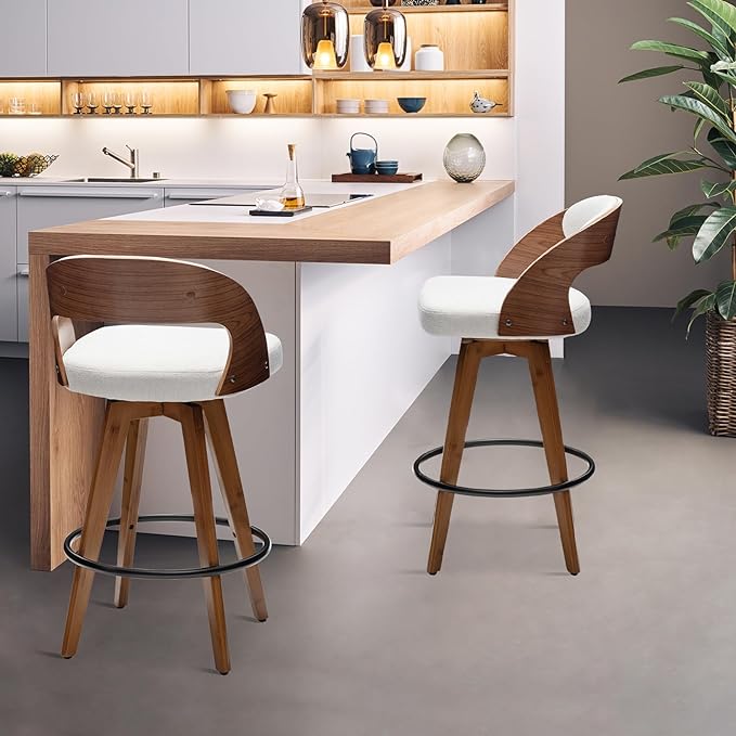 Barstools Set of 2,Bar Height Bar Stools for Kitchen Island,30.3 Inch Modern Upholstered Bar Chair, Swivel Bar Stools with Back and Wood Legs (Beige-Fabric)